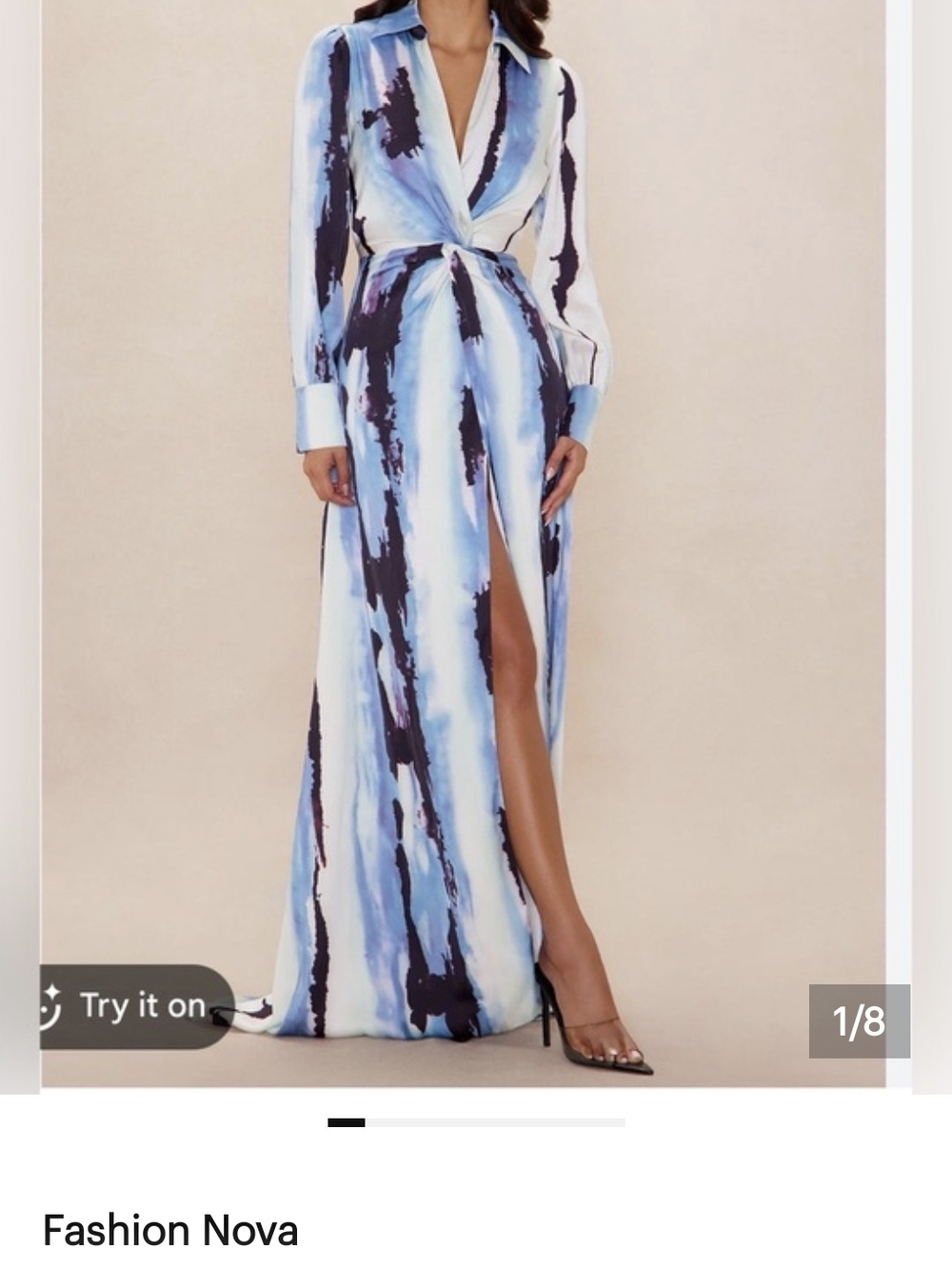 Fashion Nova Blue & White Watercolor Twist-Front Maxi Dress